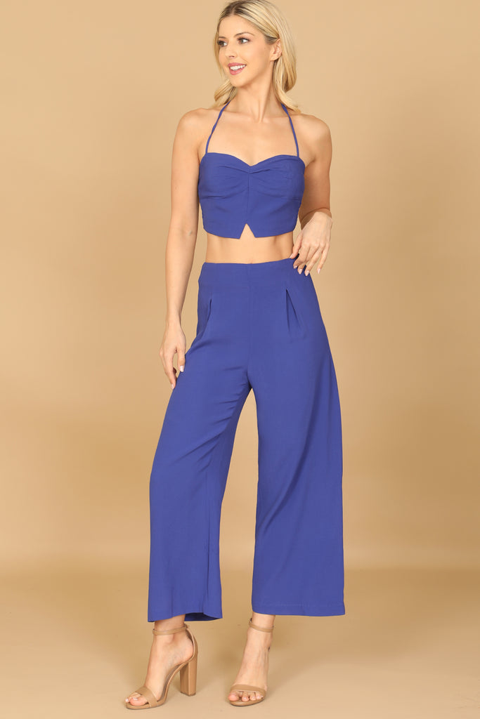 SPAGHETTI STRAP SOLID CROP TOP & PANTS SET