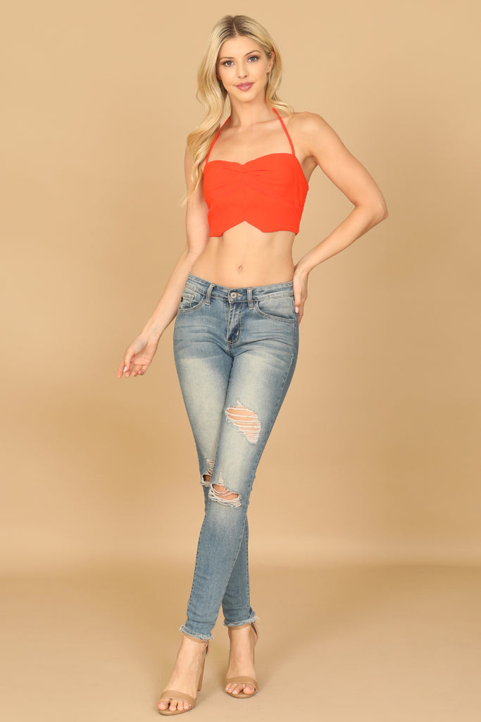 SPAGHETTI STRAP NOTCH DETAIL SOLID CROP TOP