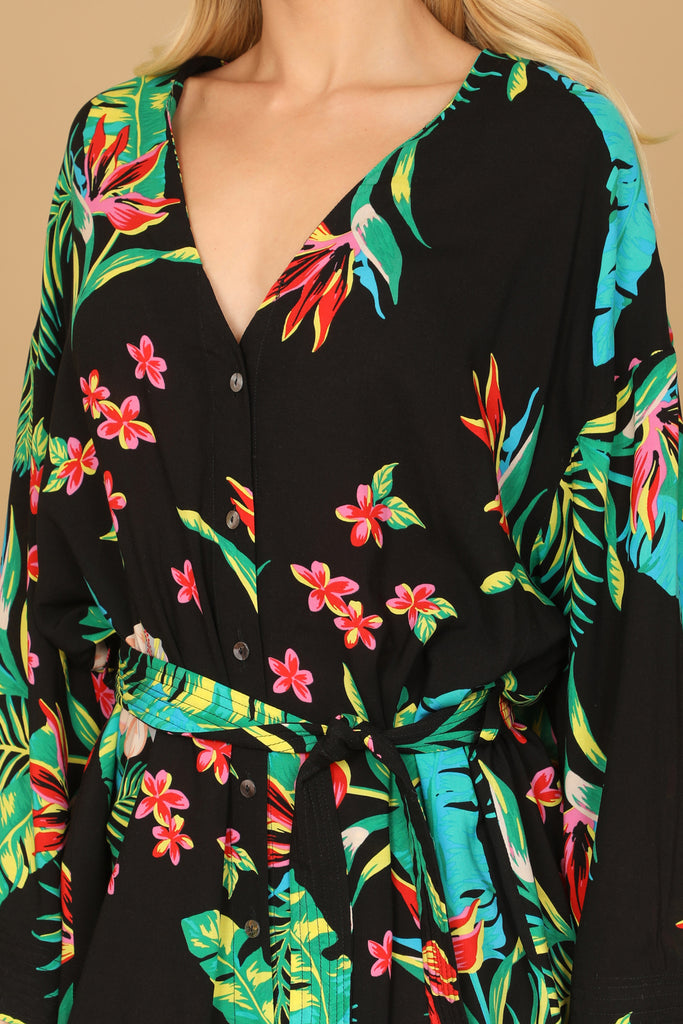 TROPICAL LONG SLEEVE BUTTON DOWN WAIST TIE CURVE HEM MINI DRESS