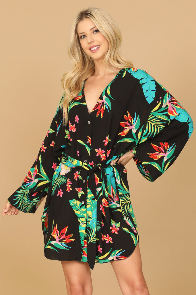 TROPICAL LONG SLEEVE BUTTON DOWN WAIST TIE CURVE HEM MINI DRESS