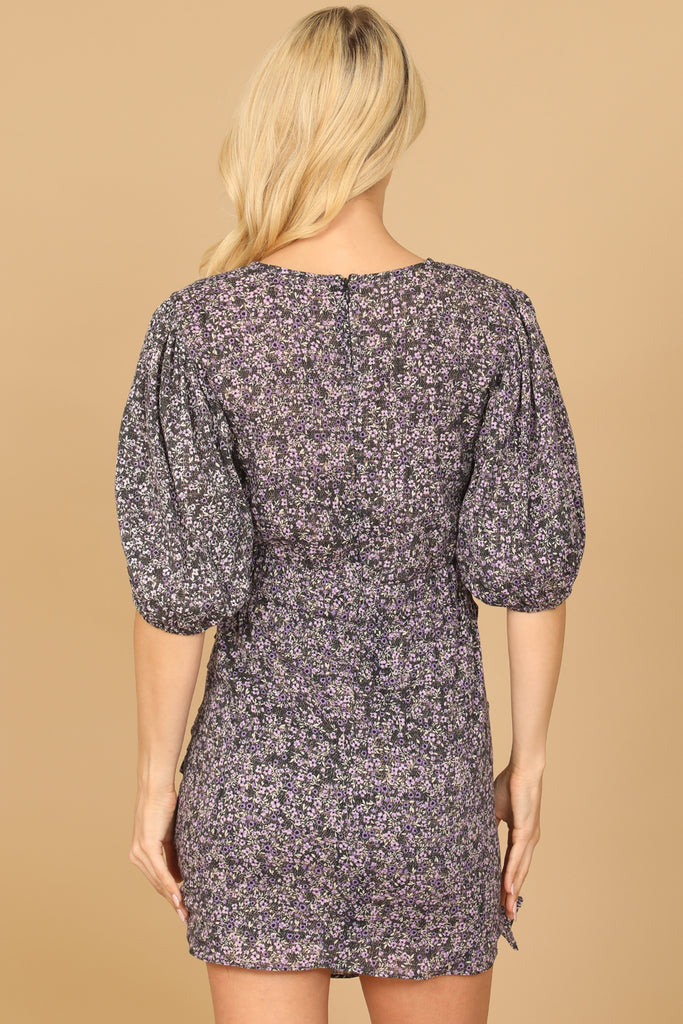 HALF PUFF SLEEVE RUCHED SIDE FLORAL MINI DRESS