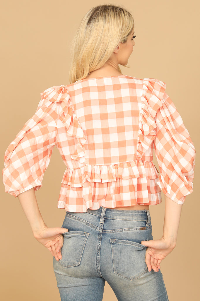 PLAID CHECKERED DEEP NECK RUFFLE DETAIL CROP TOP