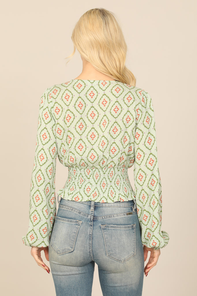 V-NECK LONG SLEEVE SMOCKED RUFFLE WAIST PRINTED TOP