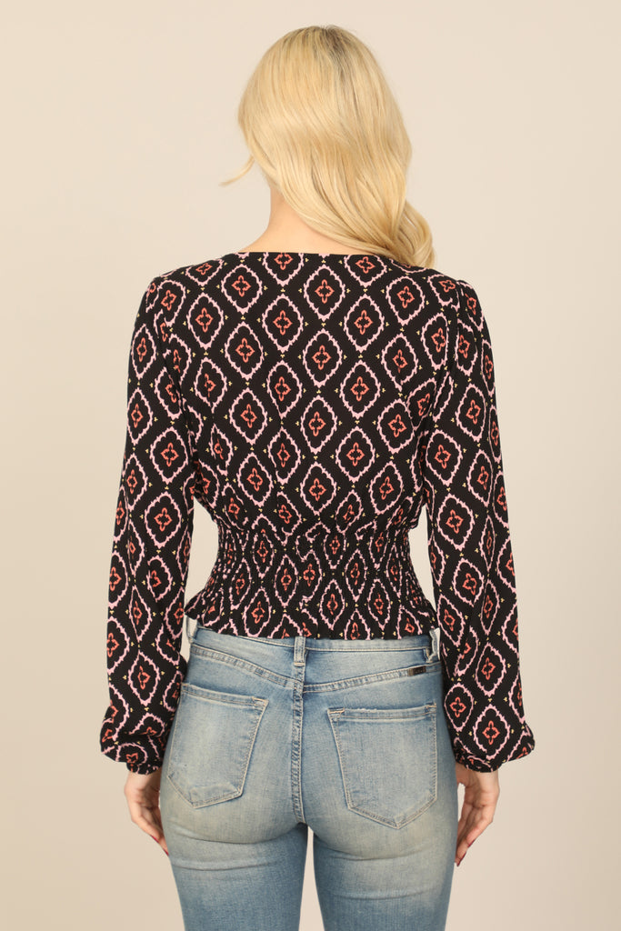 V-NECK LONG SLEEVE SMOCKED RUFFLE WAIST PRINTED TOP