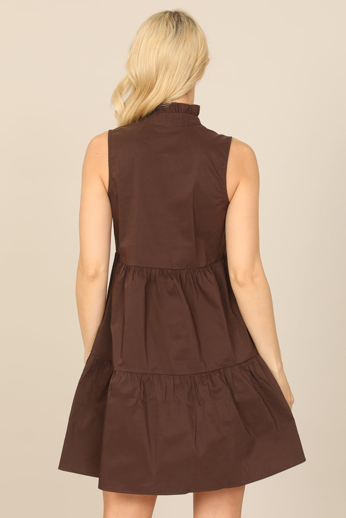 RUFFLE NOTCH HIGH NECK SLEEVELESS TIERED MINI DRESS