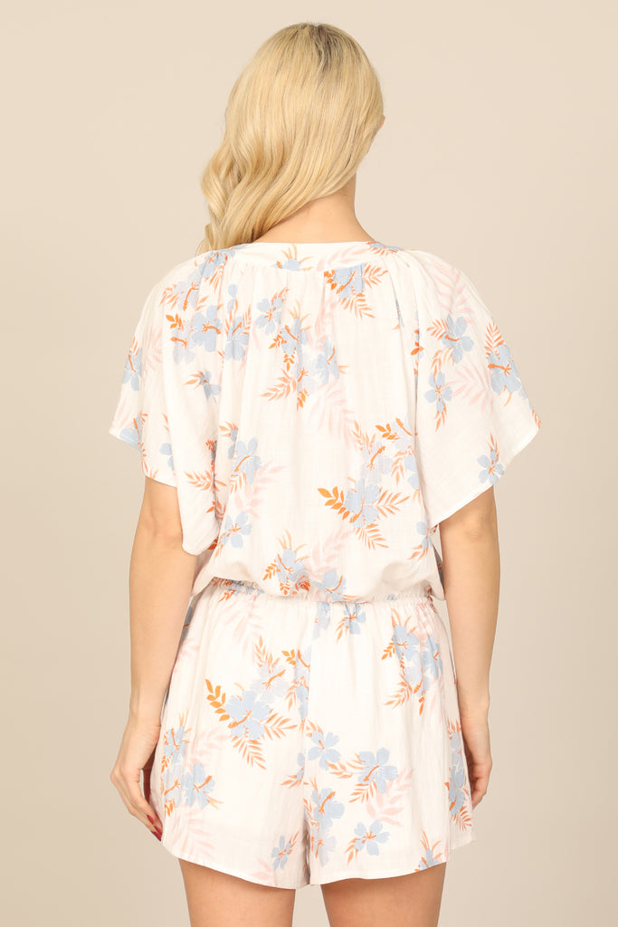 BUTTON DETAIL BELL SLEEVE WAIST TIE PRINTED ROMPER