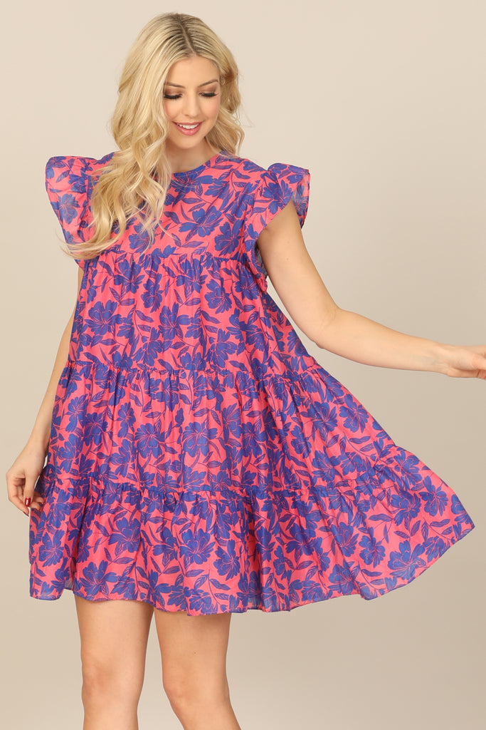 BUTTERFLY SLEEVE FLORAL TIERED MINI DRESS