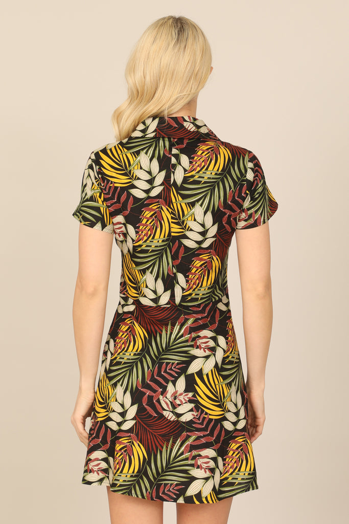 TROPICAL SHORT SLEEVE COLLARED BUTTON DOWN MINI DRESS