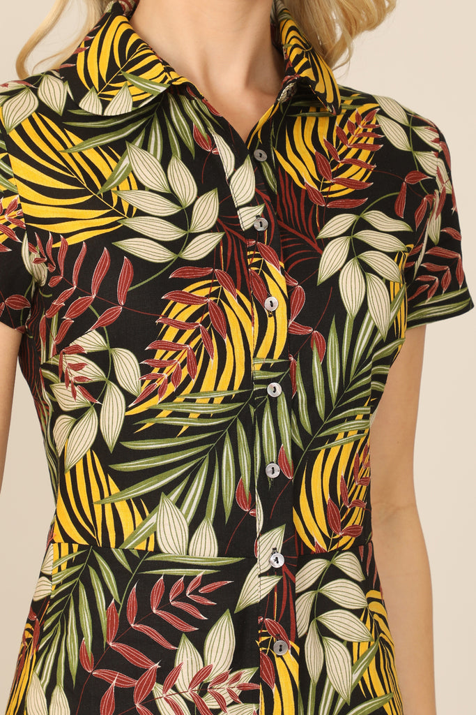 TROPICAL SHORT SLEEVE COLLARED BUTTON DOWN MINI DRESS