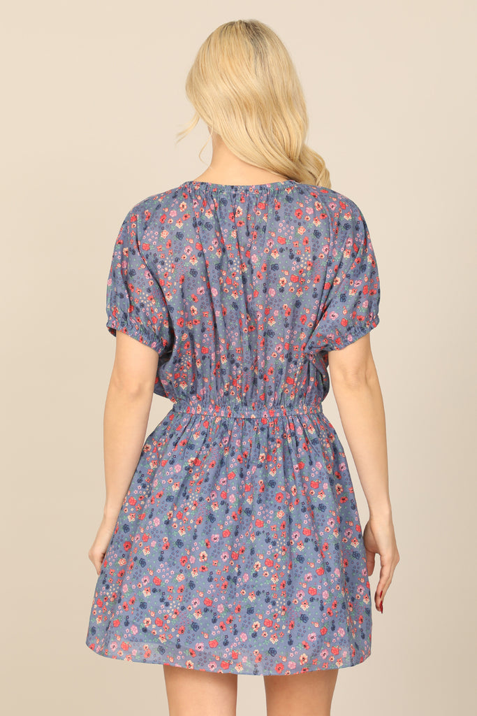 FLORAL PUFF SLEEVE ELASTIC WAIST FLORAL DRESS