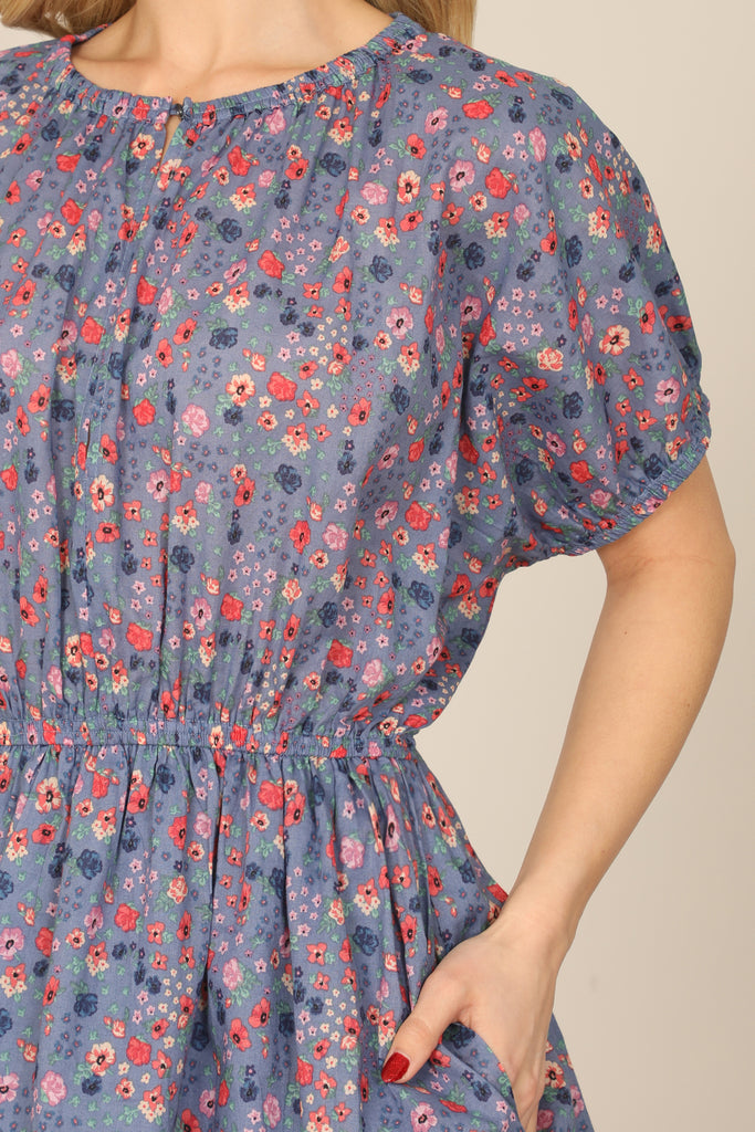 FLORAL PUFF SLEEVE ELASTIC WAIST FLORAL DRESS