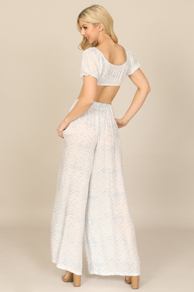 PRINTED SWISS DOT SHORT PUFF SLEEVE BRALETTE TOP WAIST TIE PANTS SET