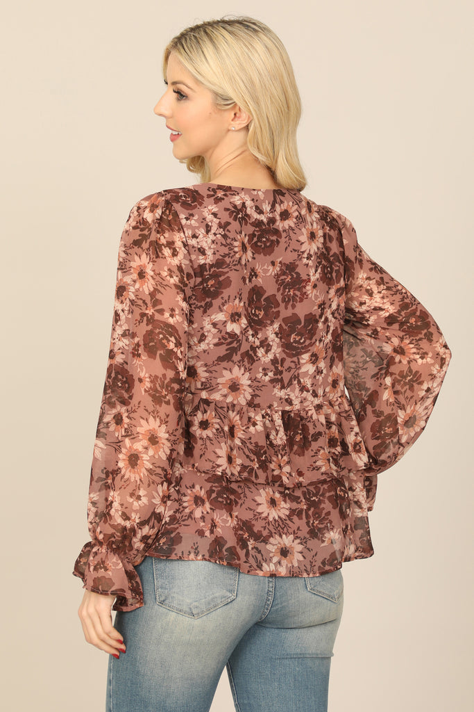 FLORAL LONG SLEEVE DOUBLE LAYERED PEPLUM TOP