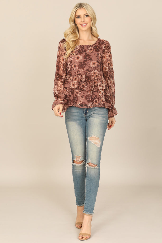 FLORAL LONG SLEEVE DOUBLE LAYERED PEPLUM TOP
