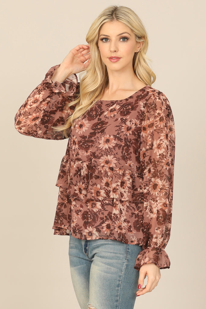 FLORAL LONG SLEEVE DOUBLE LAYERED PEPLUM TOP