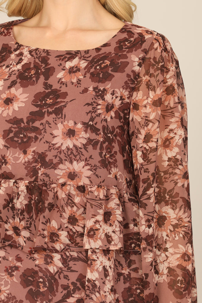 FLORAL LONG SLEEVE DOUBLE LAYERED PEPLUM TOP