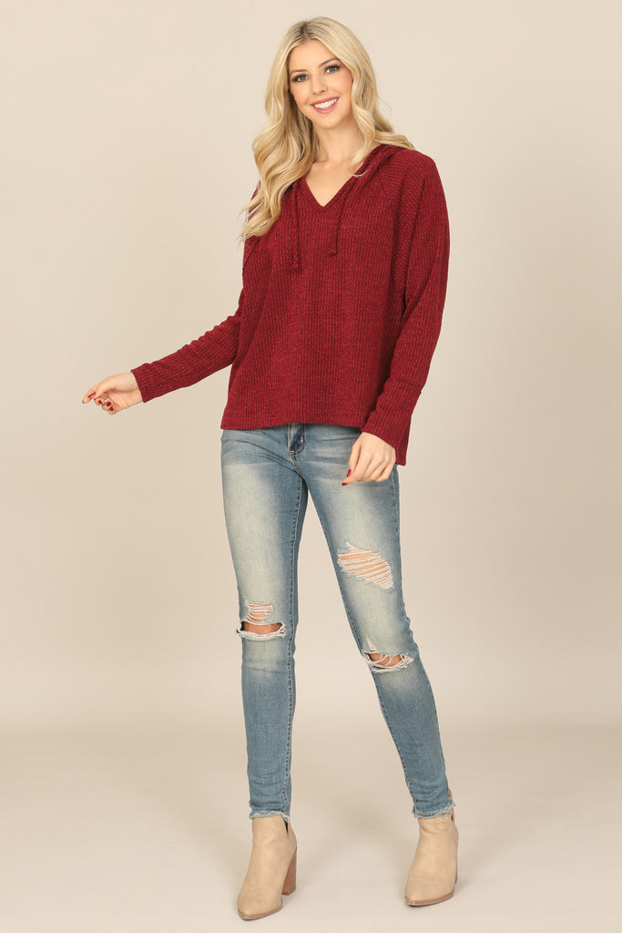 V-NECK LONG SLEEVE HOODIE KNITTED TOP