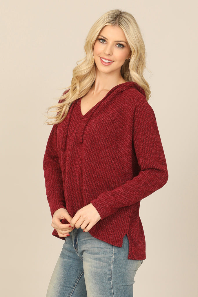 V-NECK LONG SLEEVE HOODIE KNITTED TOP