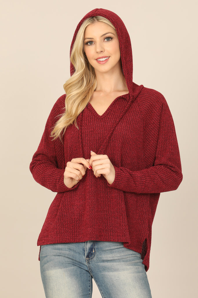 V-NECK LONG SLEEVE HOODIE KNITTED TOP