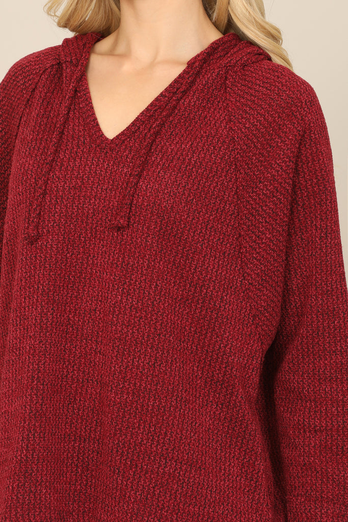 V-NECK LONG SLEEVE HOODIE KNITTED TOP