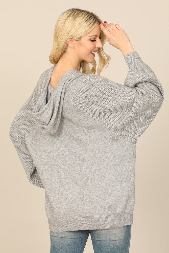 LONG PUFF SLEEVE KNITTED DETAIL HOODIE TOP