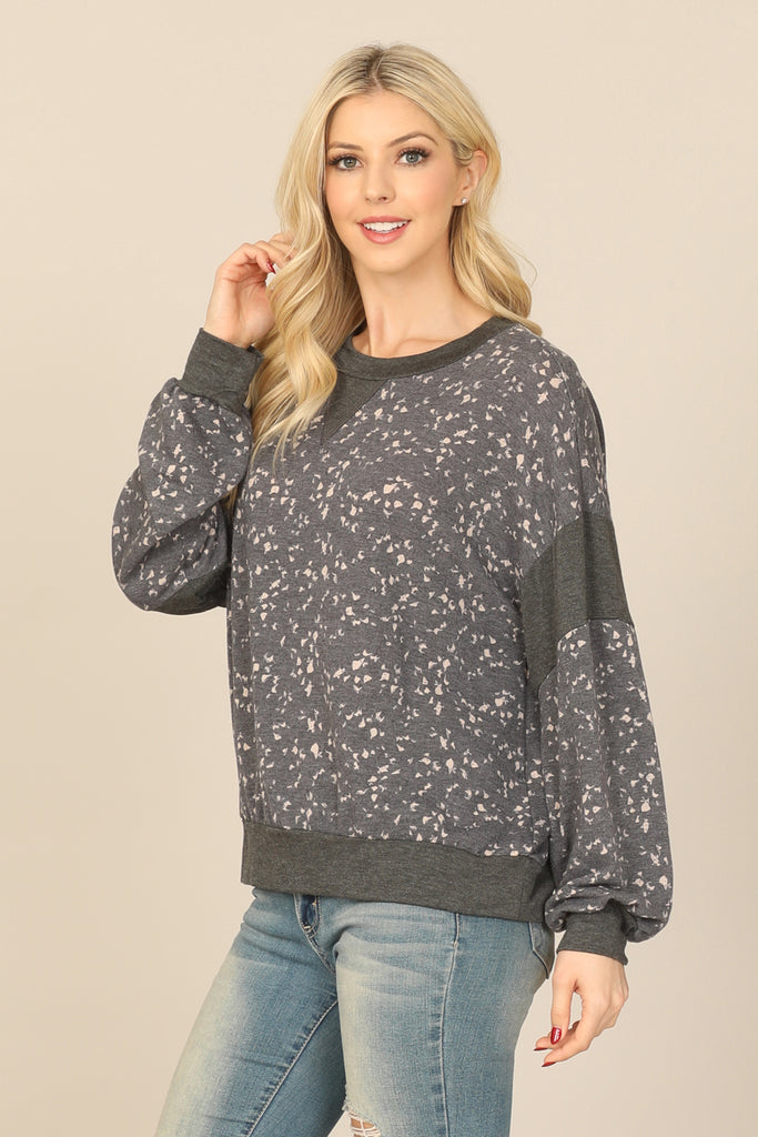 LONG PUFF SLEEVE PRINTED TOP