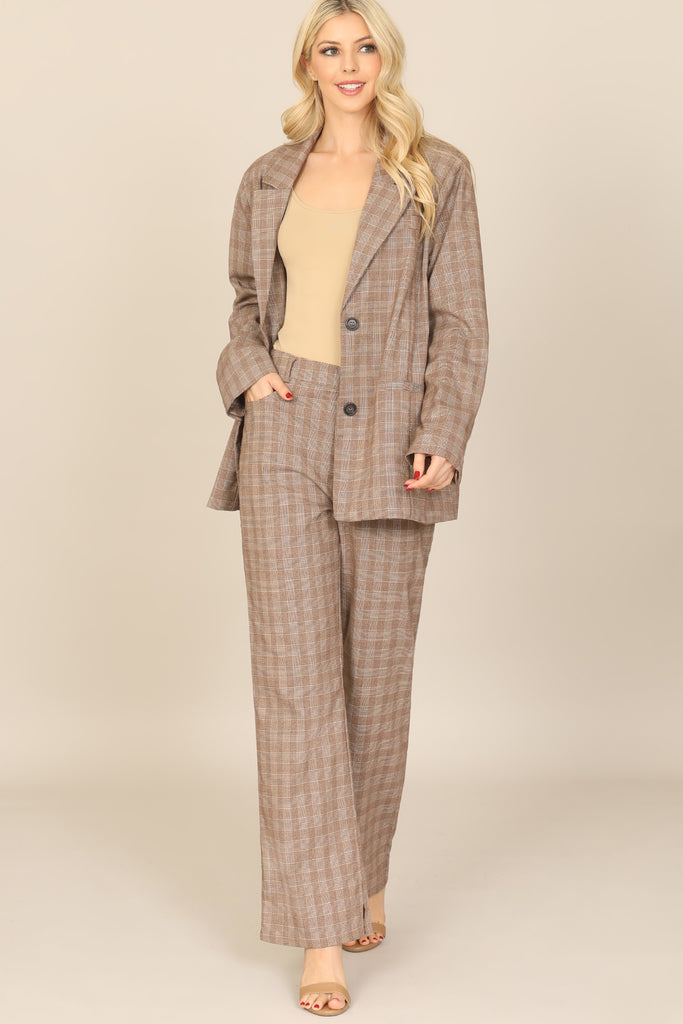 PLAID BUTTON DETAIL JACKET & PANTS SET