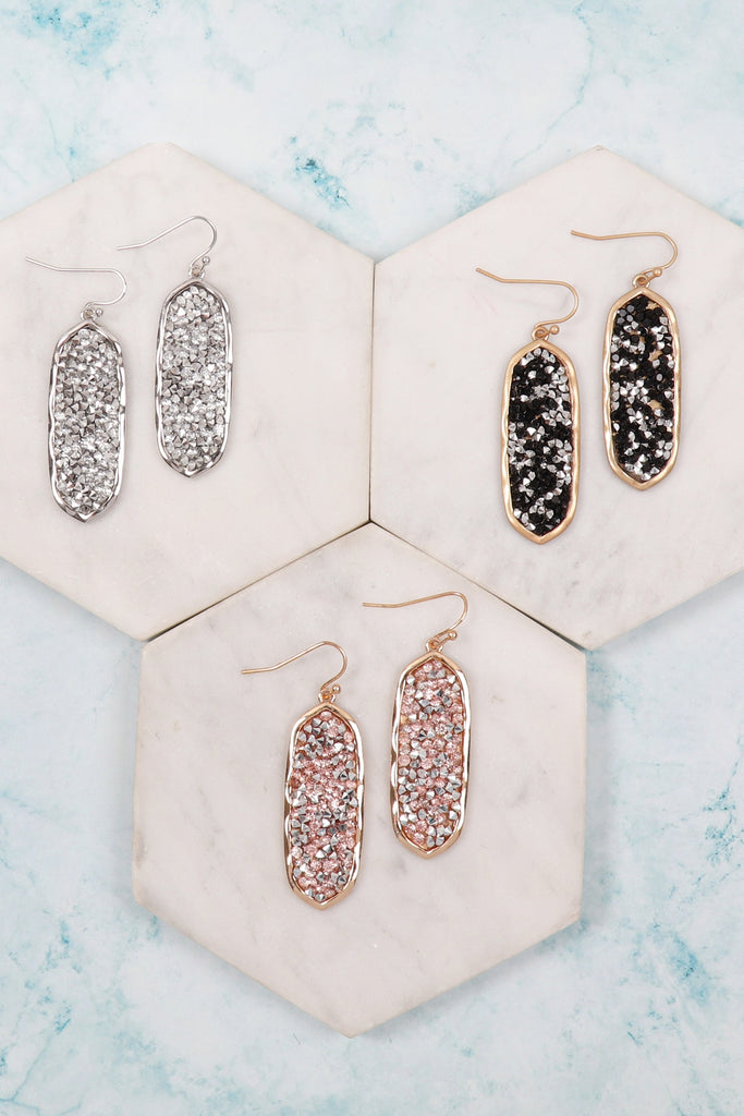 GLITTER FACETED OVAL DROP EARRINGS