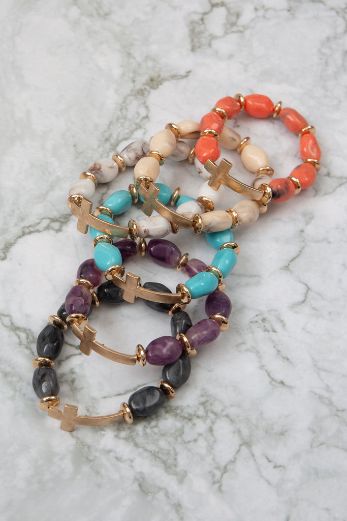 CROSS NATURAL STONE BEADED STRETCH BRACELET