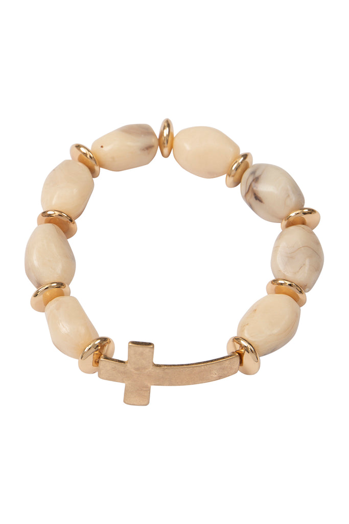 CROSS NATURAL STONE BEADED STRETCH BRACELET