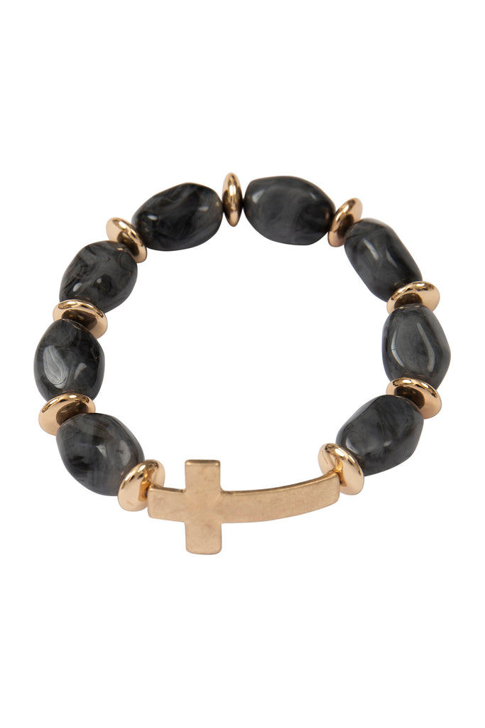 CROSS NATURAL STONE BEADED STRETCH BRACELET