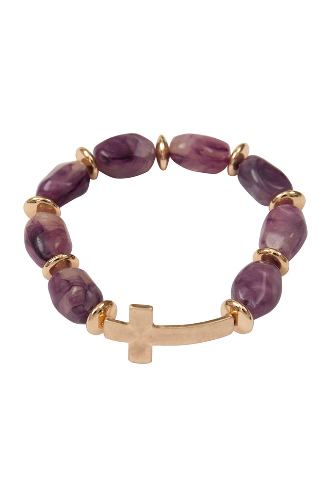 CROSS NATURAL STONE BEADED STRETCH BRACELET