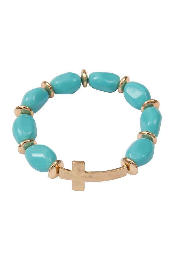 CROSS NATURAL STONE BEADED STRETCH BRACELET