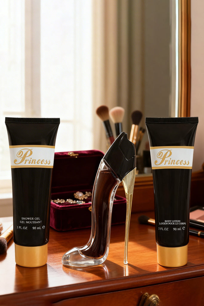 PRINCESS HIGH HEEL BLACK PERFUME GIFT SET FOR WOMEN 3 PIECE – 100ML EDP + 90ML SHOWER GEL + 90ML BODY LOTION - Riah Fashion