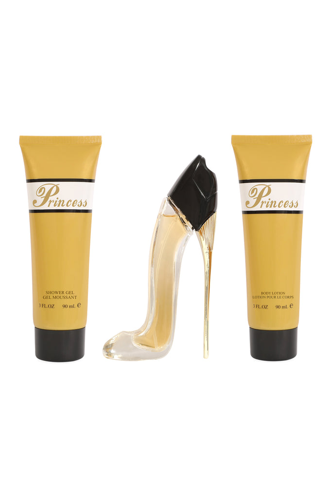 PRINCESS HIGH HEEL GOLD PERFUME GIFT SET FOR WOMEN 3 PIECE – 100ML EDP + 90ML SHOWER GEL + 90ML BODY LOTION - Riah Fashion