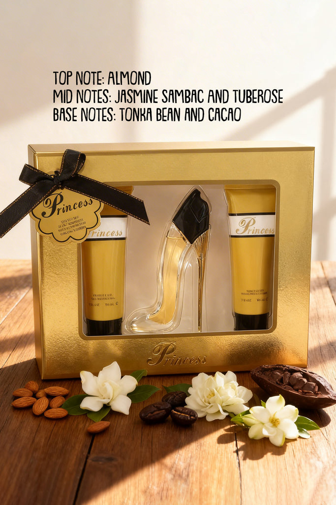 PRINCESS HIGH HEEL GOLD PERFUME GIFT SET FOR WOMEN 3 PIECE – 100ML EDP + 90ML SHOWER GEL + 90ML BODY LOTION - Riah Fashion