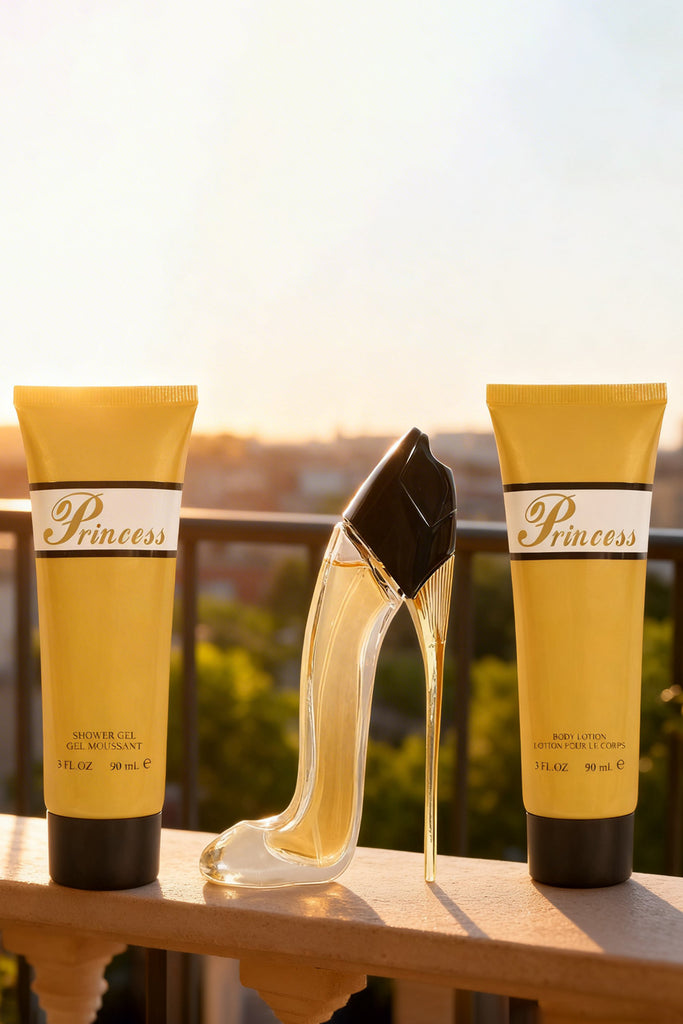 PRINCESS HIGH HEEL GOLD PERFUME GIFT SET FOR WOMEN 3 PIECE – 100ML EDP + 90ML SHOWER GEL + 90ML BODY LOTION - Riah Fashion