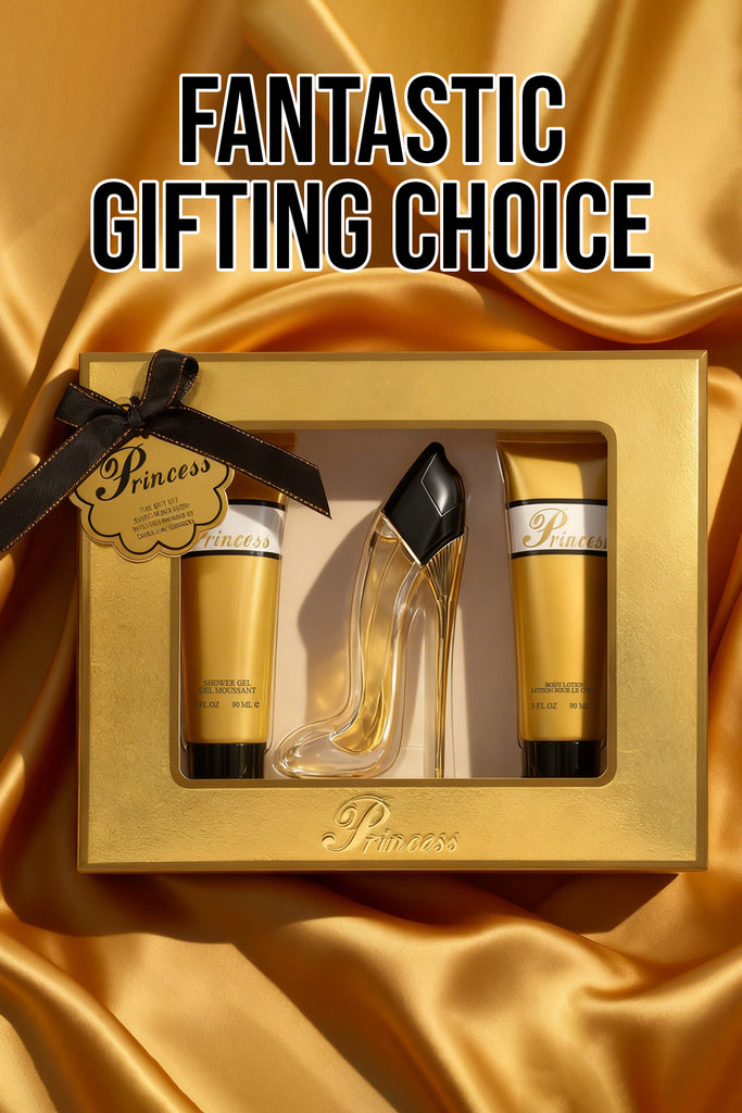 PRINCESS HIGH HEEL GOLD PERFUME GIFT SET FOR WOMEN 3 PIECE – 100ML EDP + 90ML SHOWER GEL + 90ML BODY LOTION - Riah Fashion