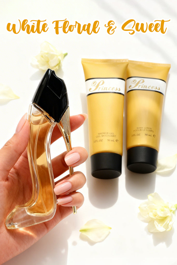 PRINCESS HIGH HEEL GOLD PERFUME GIFT SET FOR WOMEN 3 PIECE – 100ML EDP + 90ML SHOWER GEL + 90ML BODY LOTION - Riah Fashion