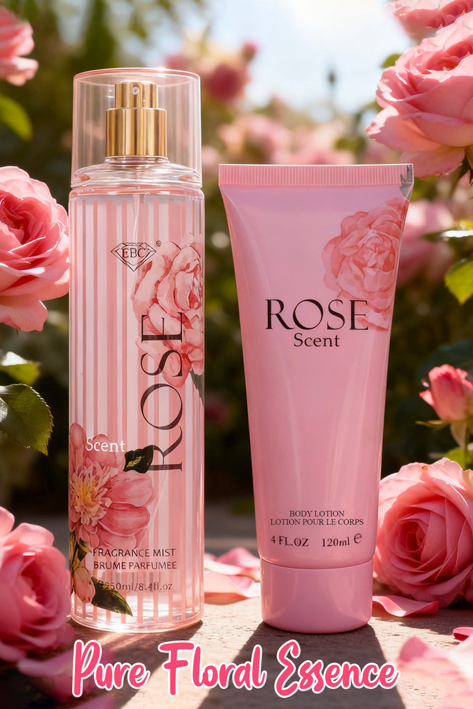 ROSE SCENT FRAGRANCE MIST & BODY LOTION GIFT SET FOR WOMEN – 2 PIECE SET (250ML FRAGRANCE MIST + 120ML BODY LOTION) - Riah Fashion