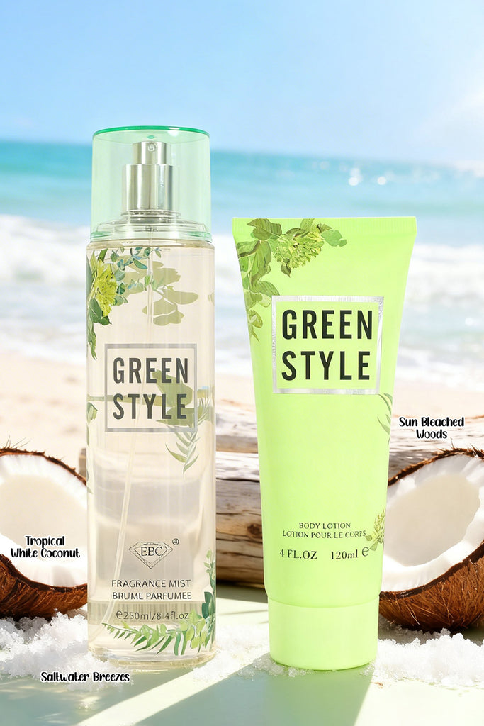 GREEN STYLE FRAGRANCE MIST & BODY LOTION GIFT SET FOR WOMEN – 2 PIECE SET (250ML FRAGRANCE MIST + 120ML BODY LOTION) - Riah Fashion