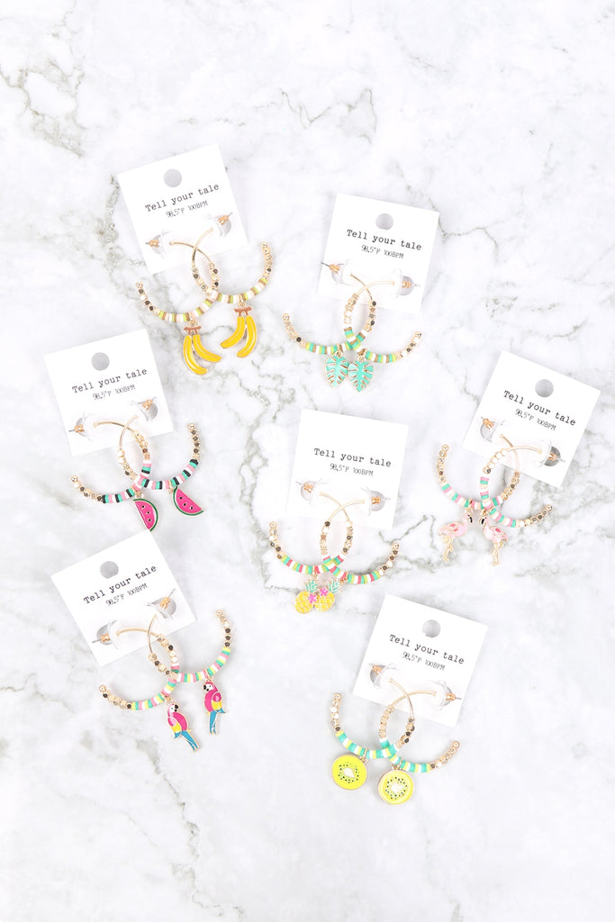 EE1385 - METAL FIMO TROPICAL LEAF HOOP EARRINGS