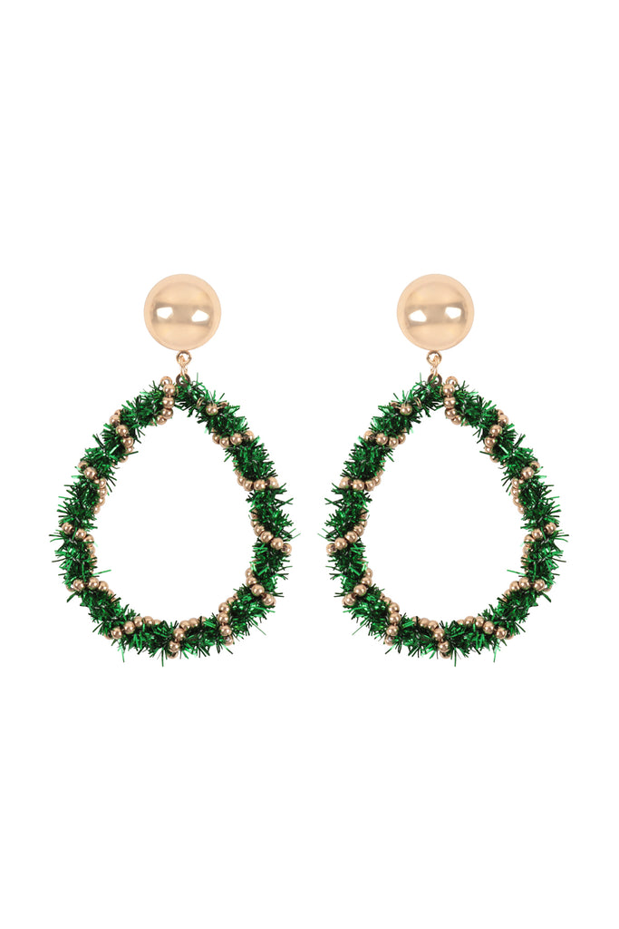 CHRISTMAS WREATH TINSEL TEARDROP SHAPE EARRINGS