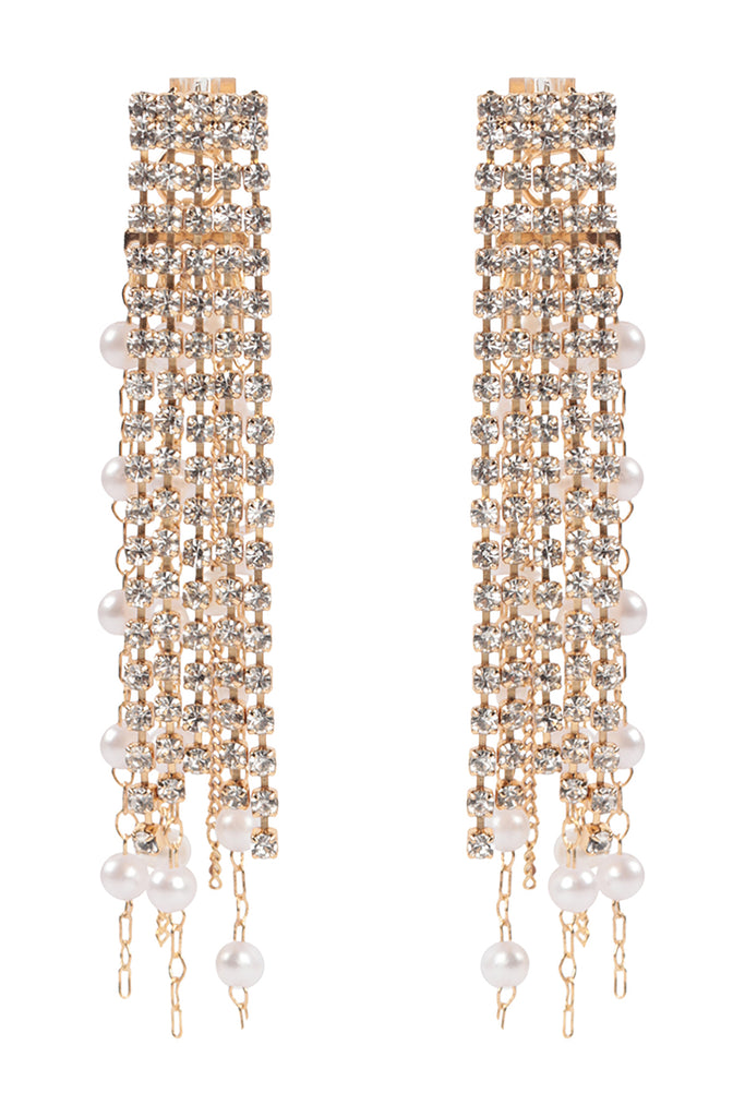 PEARL RHINESTONE FRINGE FRONT BACK DROP EARRINGS