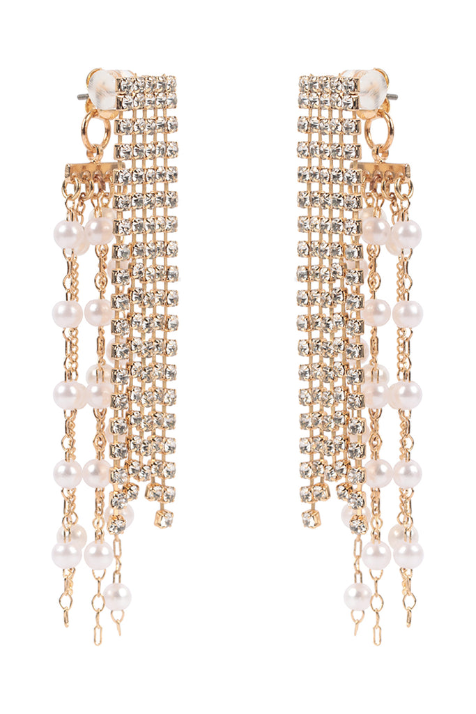 PEARL RHINESTONE FRINGE FRONT BACK DROP EARRINGS