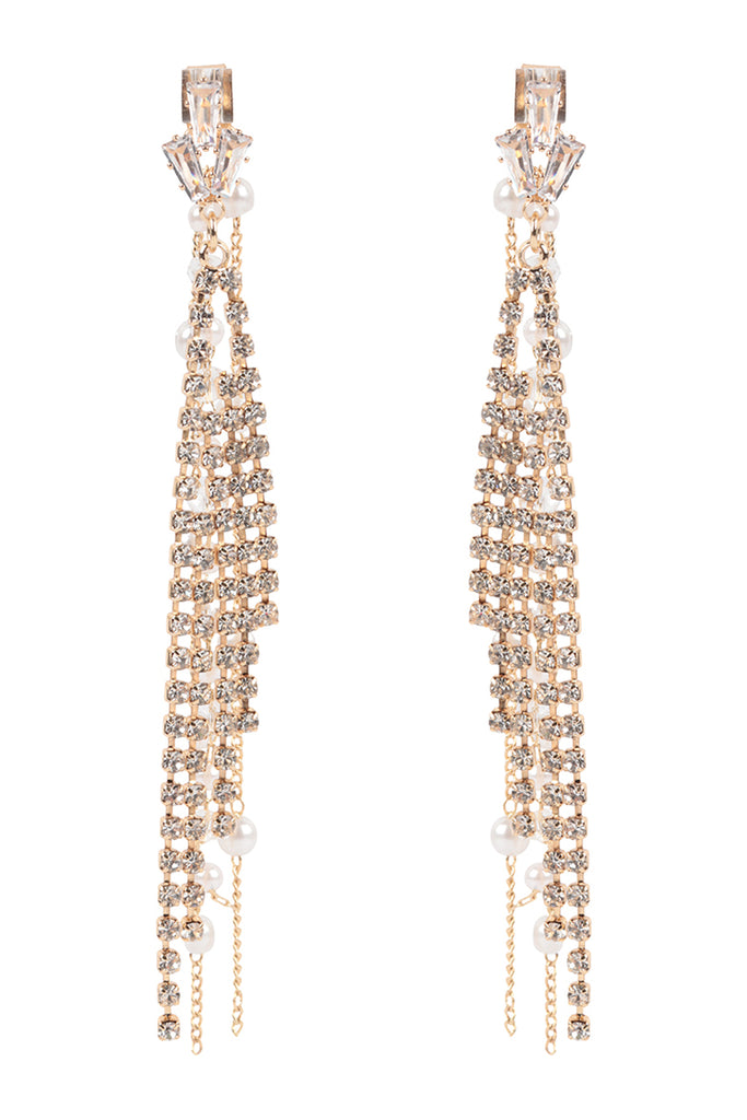 PEARL RHINESTONE FRINGE FRONT BACK CHAIN DROP EARRINGS