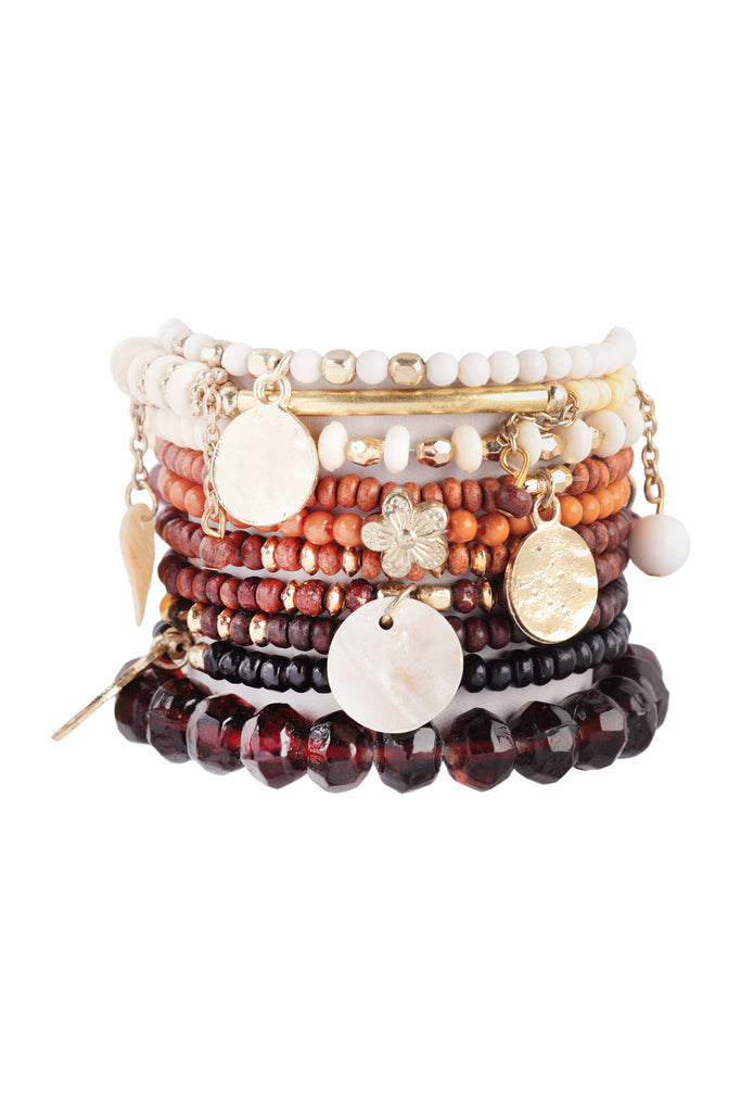 MULTI BEAD WOOD DISK PENDANT LAYERED STACKABLE VERSATILE CHARM BRACELET