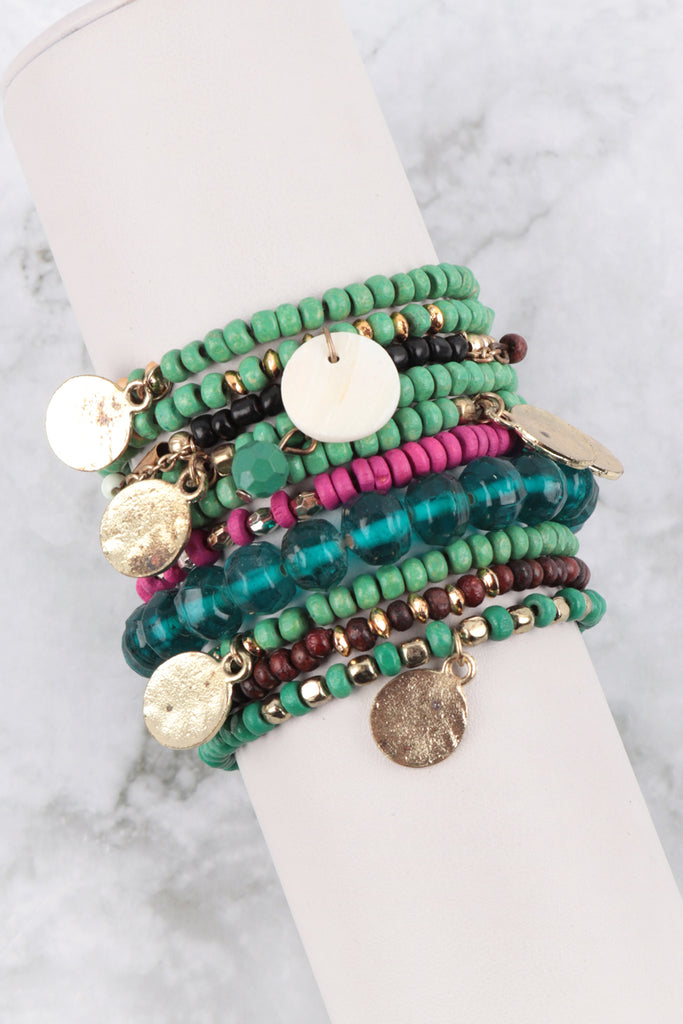MULTI BEAD WOOD DISK PENDANT LAYERED STACKABLE VERSATILE CHARM BRACELET