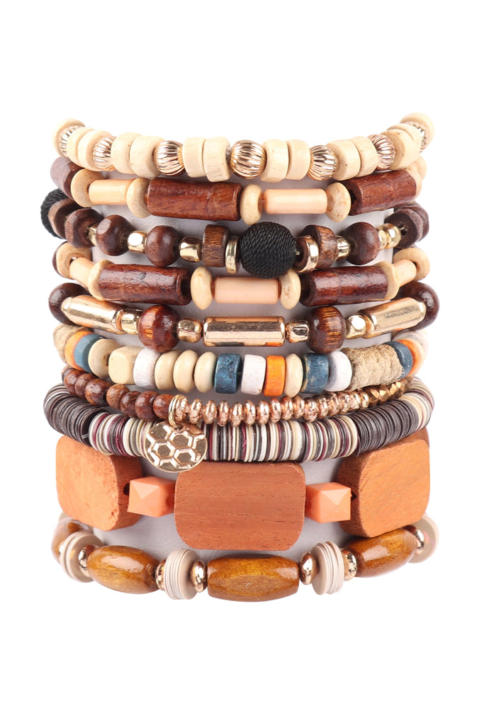WOOD CHARM MIX BEADS BRACELET SET