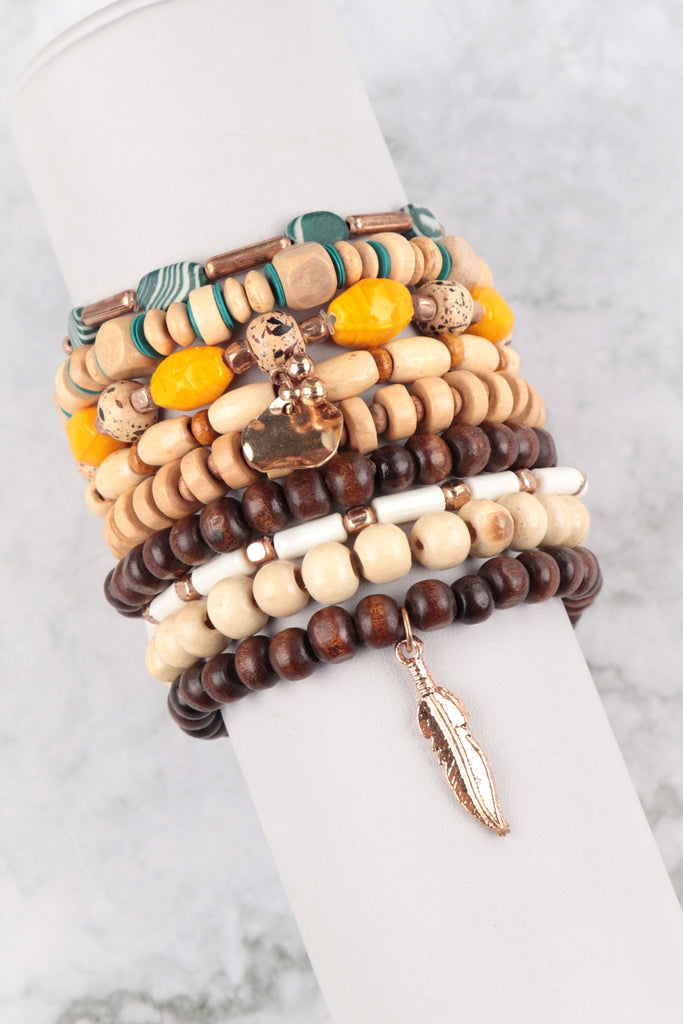 MULTI BEADS WOOD FEATHER PENDANT LAYERED VERSATILE CHARM BRACELET